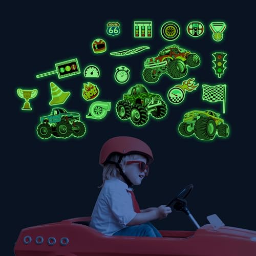 Glow in The Dark Racing Car Wall Stickers, Truck Kids Bedrooms Wall Decals, Racing Theme Big Foot Truck Ceiling Decor, Nursery Classroom Playroom Home Decor Gifts