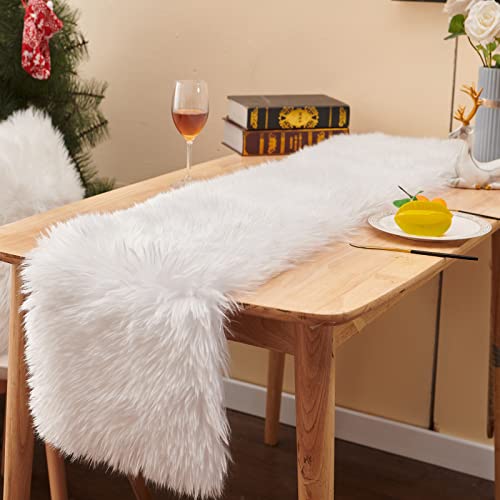MeiSan Faux Fur White Table Runner 11.8x70.8 Inch for Holiday & Seasonal Decor