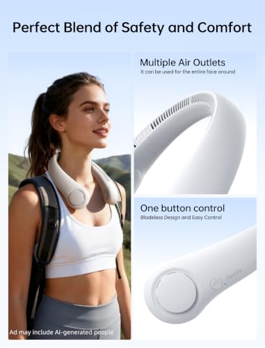 Grey Portable Neck Fan - Hands-Free Bladeless Personal Cooling, 5 Speeds, 4000mAh