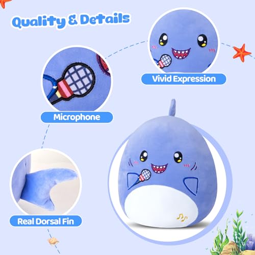Glow Guards 12'' Shark Plush Pillow Cute Blue Shark Stuffed Animal Holding Microphone Soft Plush Toy Stuffed Animals Birthday Gift for Boys Girls Kids