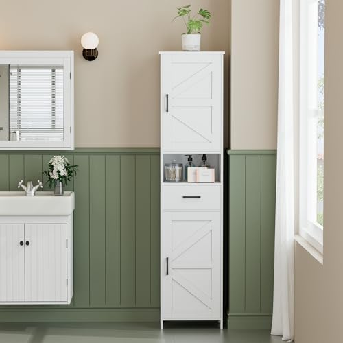 Homhedy 67-Inch Tall Bathroom Storage Cabinet with Barn Doors, Drawer, White - Reversible Door