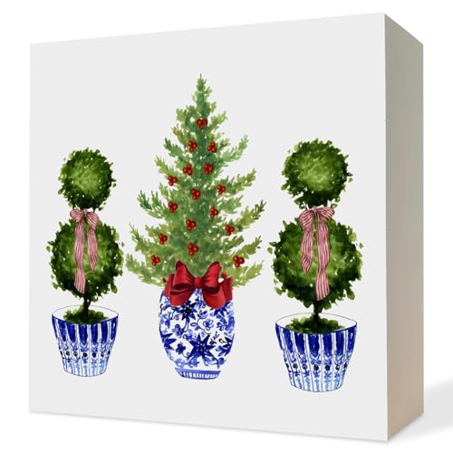 ATBWGT Chinoiserie Christmas Tree Wooden Box Sign - 5x5 Inch, Red Bow Holiday Desk Plaque