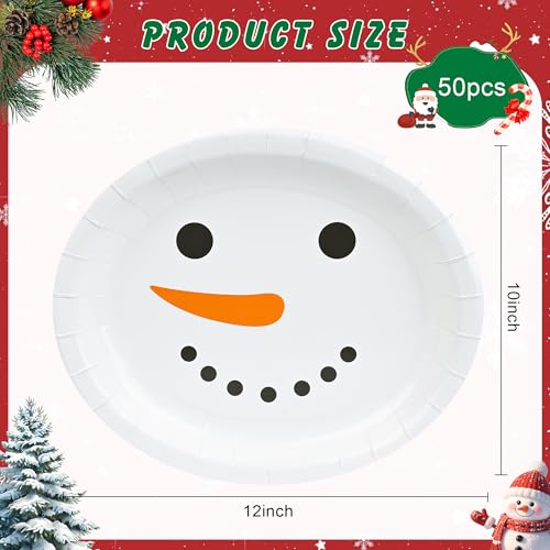 AimFun 50-Pack Snowman Christmas Oval Paper Plates 10x12in