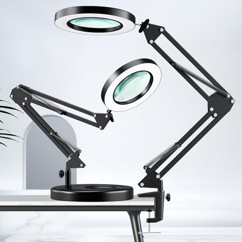 HITTI 10X Magnifying Glass with Light & Clamp, 1800 Lumens Dimmable, Black, 9.06 Inch Base & Swing Arm
