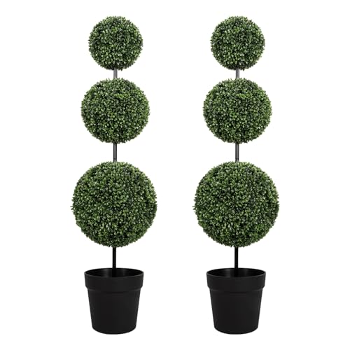 VIVATREES 4ft UV-Resistant Triple Ball Boxwood Topiary Set of 2 - Outdoor & Indoor Decor
