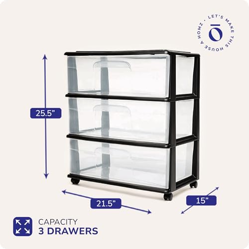 HOMZ 3-Tier Storage Cart with Removable Wheels - Black Frame, Multi-Purpose Portable Organizer