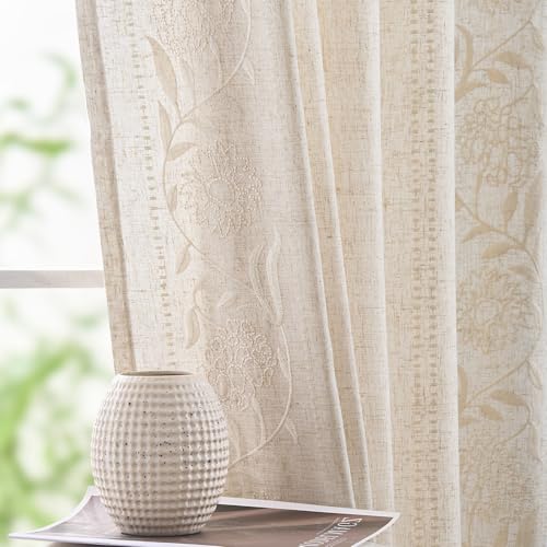 JINCHAN Ivory Floral Linen Curtains 50" x 84" - Pack of 2, Back Tab, Light Filtering