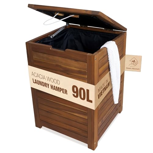 GREEN ALLUVIUM 90L Laundry Hamper with Lid & Handles, Acacia Wood, Brown