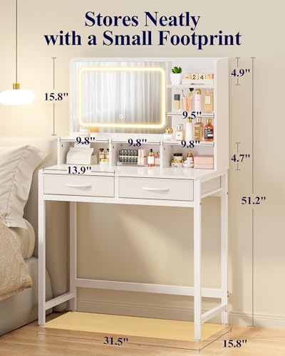 Small Vanity Desk with Mirror and Lights - 31.5 x 15.8 x 51.2 Inches, 2 Fabric Drawers