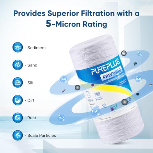 PUREPLUS 5 Micron Whole House Water Filter Cartridge 4 Pack for Well Water - 10 x 4.5 Inches