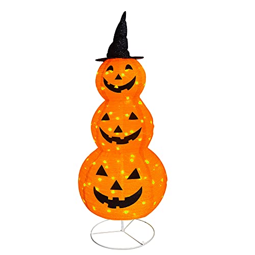 5FT Collapsible Light-Up Pumpkin Decoration with Hat - Indoor Outdoor Halloween Decor