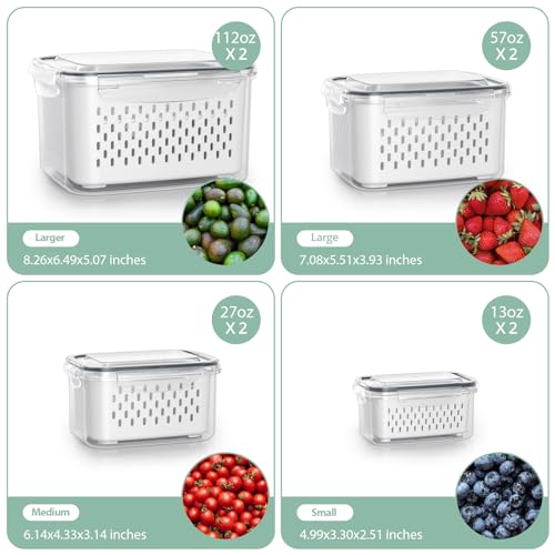 8 Pack Food Storage Containers with Removable Colanders - Airtight Fridge Organizer