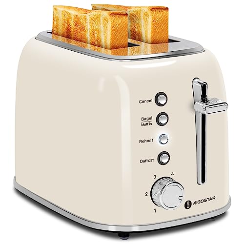 Aigostar 2-Slice Retro Toaster Cream White | Wide Slot Bread Toaster