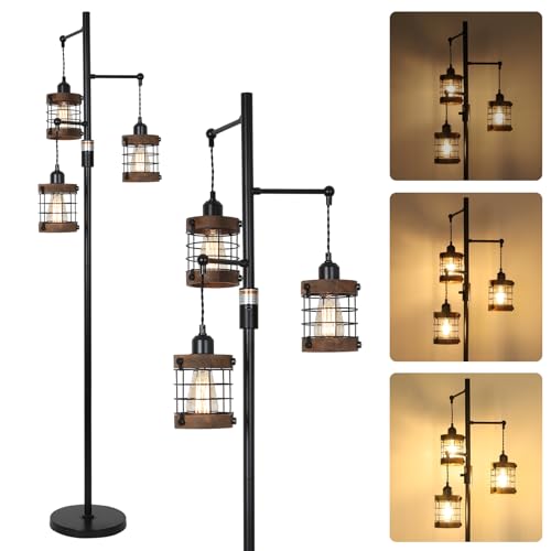 Airposta Black Wood Dimmable Farmhouse Floor Lamp with 3 Cage Lights