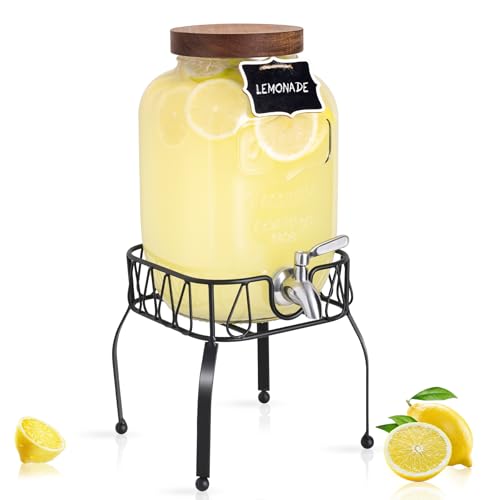 Mustry 1 Gallon Glass Drink Dispenser with Stand & Acacia Lid - Single