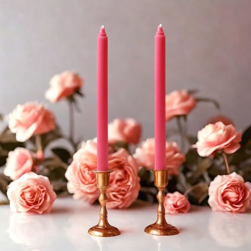 Kemladio 10in Rose Red Vertical Stripe Taper Candles, 4-Pack for Dinner Parties & Weddings