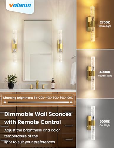 VOLISUN Gold Battery Operated Wall Sconces Set of 2, Wireless Rechargeable Wall Lights with Remote, Dimmable, 3 Color Temps, 15.3 inch