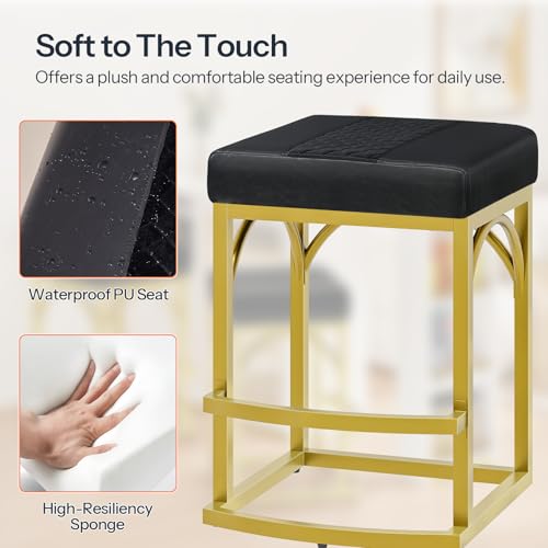 Gold and Black Bar Stools Set of 2 - Counter Height Velvet & PU Upholstered Chairs