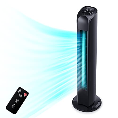 Uthfy Black Oscillating Tower Fan with Remote, 3 Modes & 3 Speeds, 7.5H Timer, Quiet Cooling for Bedroom & Living Room
