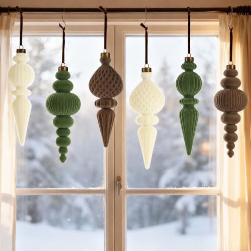 OuMuaMua Neutral Velvet Christmas Tree Ornaments Mix Color / 6 - Flocked Finial 6-Piece