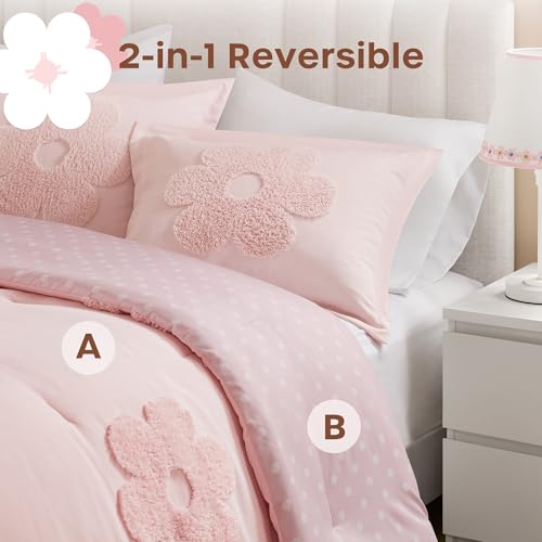 Kids Pink Floral Comforter Set - 4 Piece Queen Bedding with Polka Dot Reverse - Pink Variation
