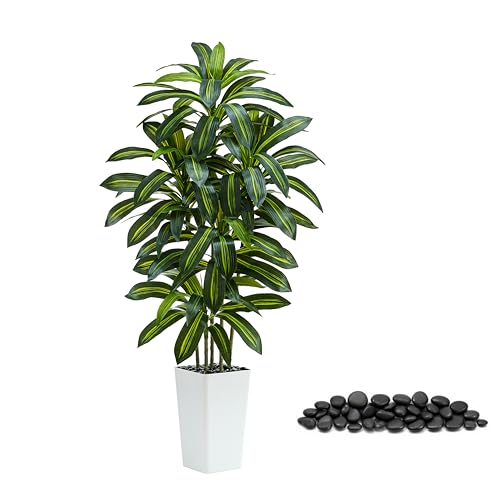 Dark Green Artificial Dracaena Tree 5FT Faux Plant with White Pot - Realistic Indoor Decor