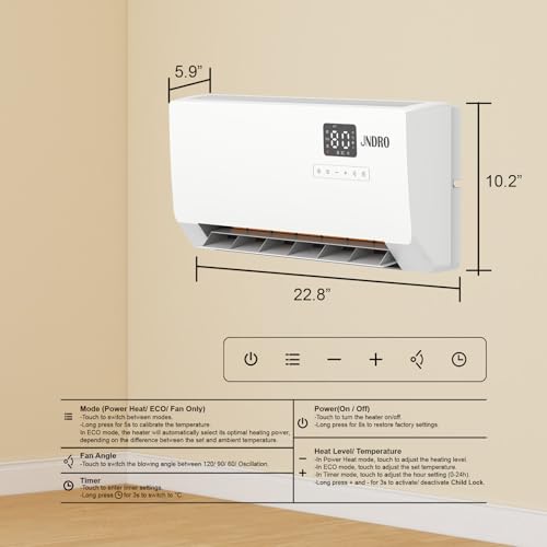 JNDRO 24-Inch Wall Mounted Electric Space Heater 1500W with LED Display & Remote