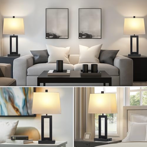 Cinkeda Black Bedside Table Lamp Set of 2,Nightstand Lamps with USB