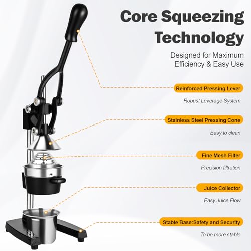 Black Lemon Squeezer Manual Citrus Juicer Press Cast Iron & Stainless Steel