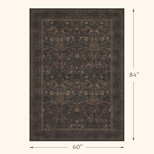 Evyhood 5' x 7' Dark Brown Washable Area Rug with Floral Pattern for Living Room & Bedroom