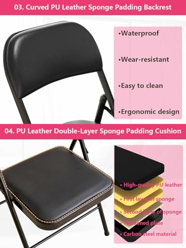 Black PU Leather Folding Chairs 2 Pack with Padded Cushions - Portable & No Assembly