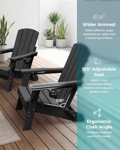 Black Folding Adirondack Chair with Cup Holders - All-Weather HDPE Outdoor Lounge Chair