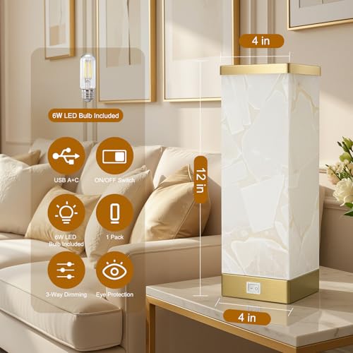 Off-White Alabaster Table Lamp for Living Room - 3-Way Dimmable & USB Ports