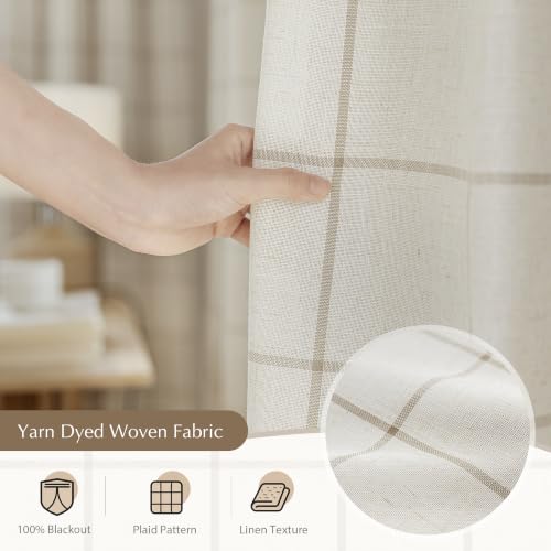 Taupe Blackout Linen Curtains 52x84 Inches, Pack of 2, Rustic Plaid Design
