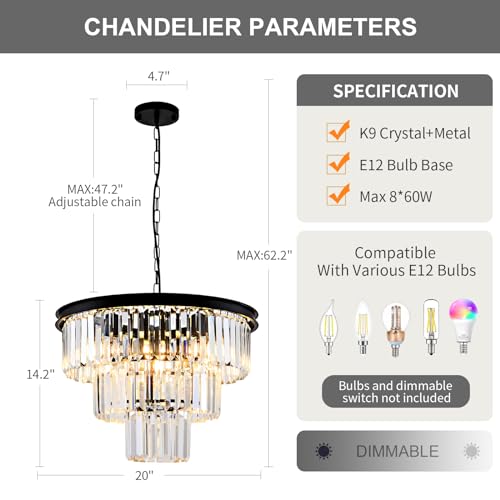Black 20-Inch Modern Crystal Chandelier - 3-Tier Adjustable Pendant Light Fixture