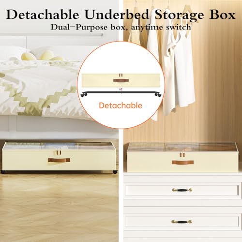 Yecaye Beige Large 60L Under Bed Storage Containers with Wheels, Adjustable Dividers & Clear Lid - 4 Pack