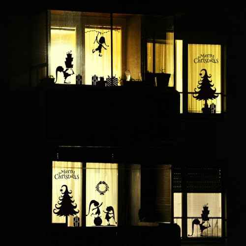 2 Sheets Christmas Silhouette Window Clings Black Xmas Tree Elves Gift Box Reusable Window Decals for Home School Office Winter Party Supplies