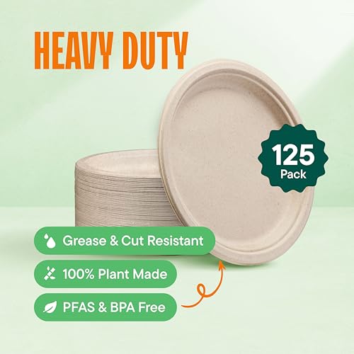 10 Inch Compostable Heavy Duty Paper Plates - 125 Pack, Eco-Friendly & Biodegradable, PFAS-Free, Microwave Safe - Stack Man