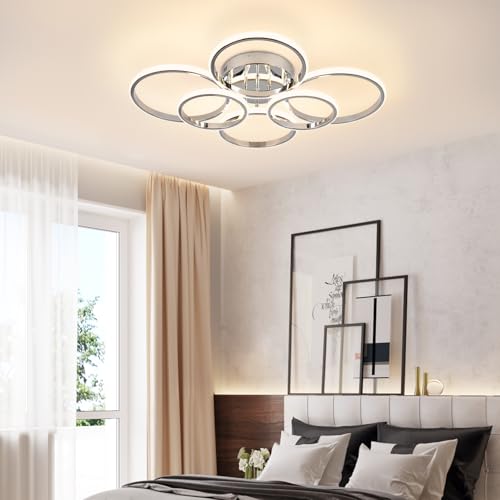 Chrome 6-Ring Dimmable LED Ceiling Light Fixture with Remote Control - Modern 60W Close to Ceiling Lighting for Living Room & Bedroom - Variation: 6 Rings, Circle