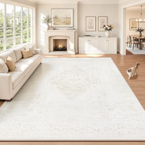 Beige 8x10 Washable Vintage Area Rug - Non-Slip Low Pile Carpet for Living Room