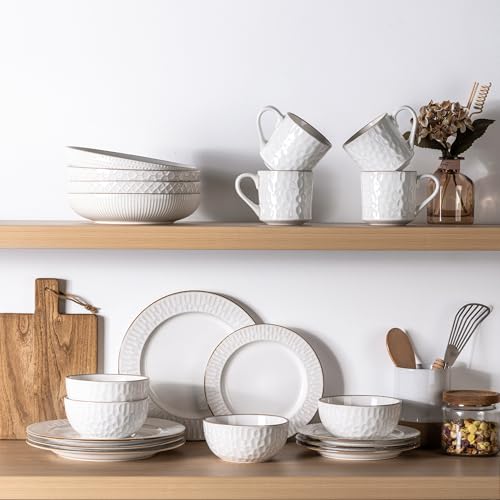 Pearl White Bubble 18-Piece Ceramic Dinnerware Set for 6 - Plates & Bowls