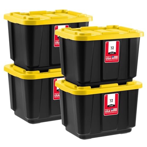 IRIS USA 4-Pack 12 Gal Heavy Duty Lockable Storage Totes Black/Yellow