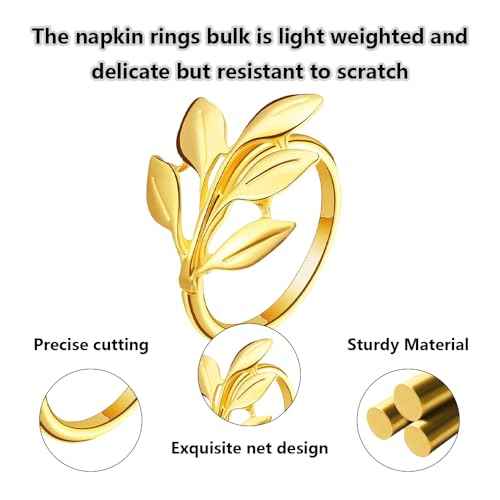 Napkin Rings Set of 12 - Gold Semicircle Metal Leaf Fall Thanksgiving Christmas Napkin Rings, Napkin Holder for Thanksgiving Dinner Table Decor Wedding Kitchen Banquet Holiday Everyday Party