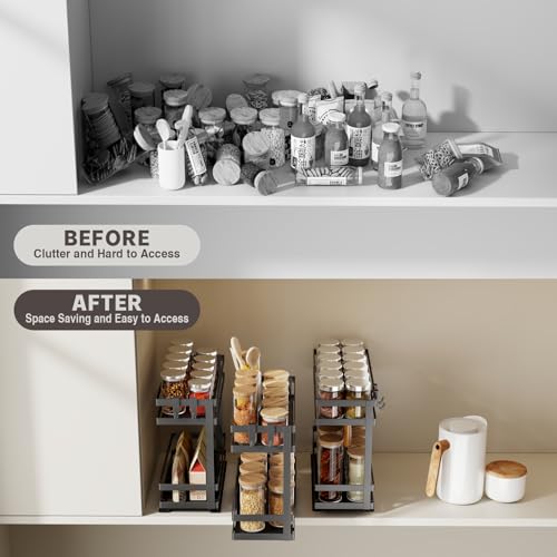 Magheo 4 Pack Black Pull Out Spice Rack Organizer for Cabinets - Metal 2-Tier Slide Storage