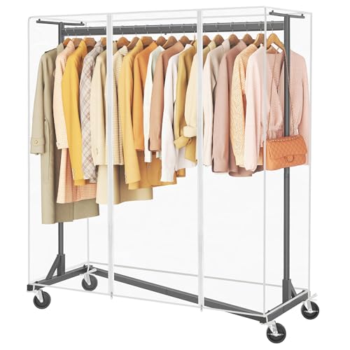 Heavy Duty Metal Clothing Rack with Cover - Black, Rolling Garment Rack with Wheels and Dustproof Cover