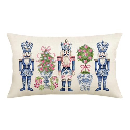 Merry Christmas Throw Pillow Cover 12x20 Inch Chinoiserie Nutcracker Christmas Decor Winter Holiday Party Cushion Case Decoration for Sofa Couch