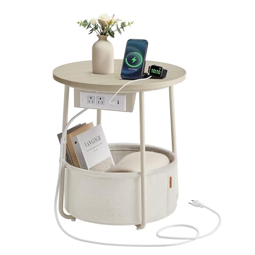 VASAGLE Cream White Round End Table with Charging Station & Fabric Basket
