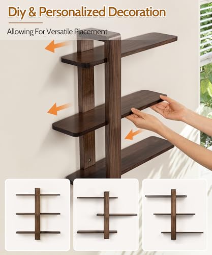 Walnut 3-Tier Floating Wall Shelves - Mid Century Modern Decor