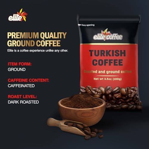 Elite Turkish Ground Roasted Coffee Bag - 3.5 Ounce Pack of 10 - Traditional & Rich Flavor