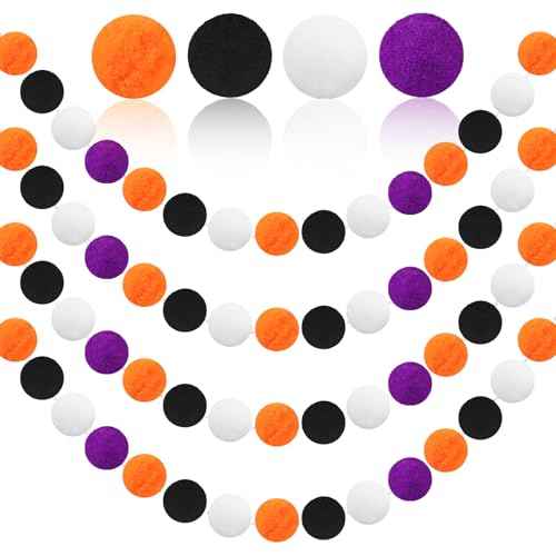 MARFOREVER 4 Pack 26.3 FT Halloween Felt Ball Garlands, Halloween Decorations 30 Balls Black Orange White Purple Pom Pom Garlands Hanging Supplies for Fall Halloweens Holiday Party Home Wall Decor
